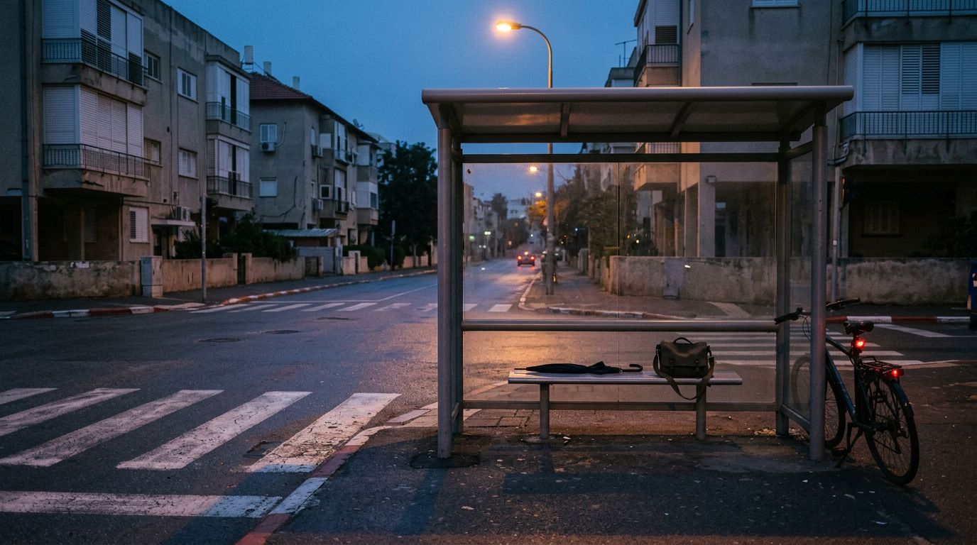 תחנת אוטובוס ריקה בשעת ערב, מטרייה ותיק על הספסל, אופניים נשענים על העמוד